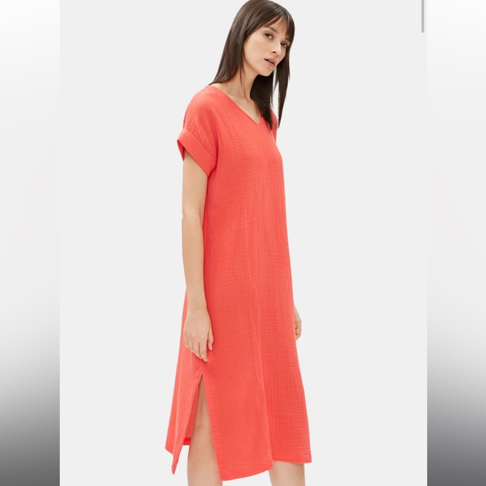 EILEEN FISHER Organic Cotton Gauze V-Neck Short Sleeved Dress in Orange - Picture 3 of 8